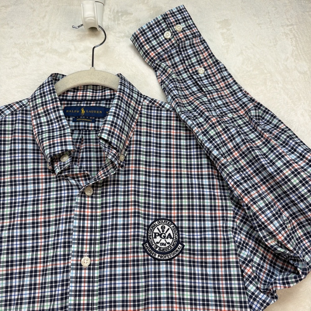 Ralph Lauren Performance Golf Shirt Plaid Button Down PGA Patch Men Medium